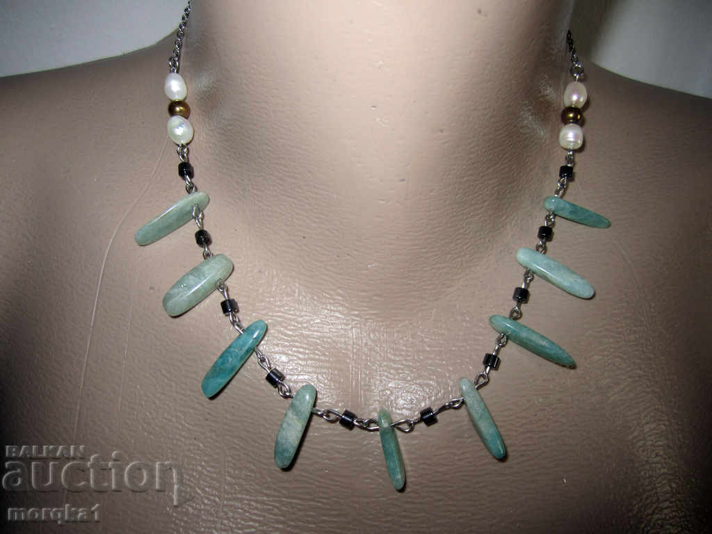 Auction Ethno necklace, necklace, made of natural amazonite, hematite and pearls Auction Ethno necklace, necklace, made of natural amazonite, hematite and pearls