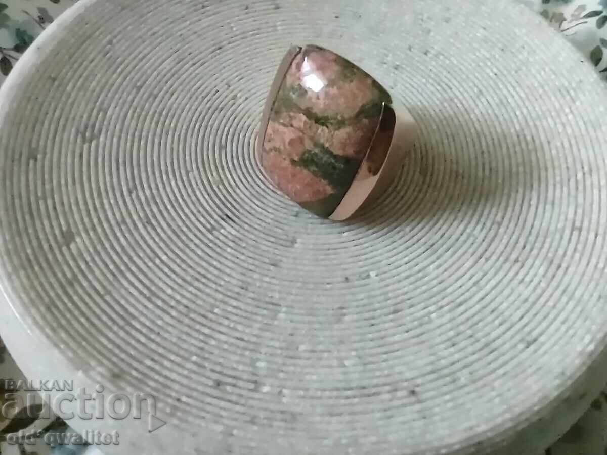 Large silver ring with Unakite, silver with gold plating
