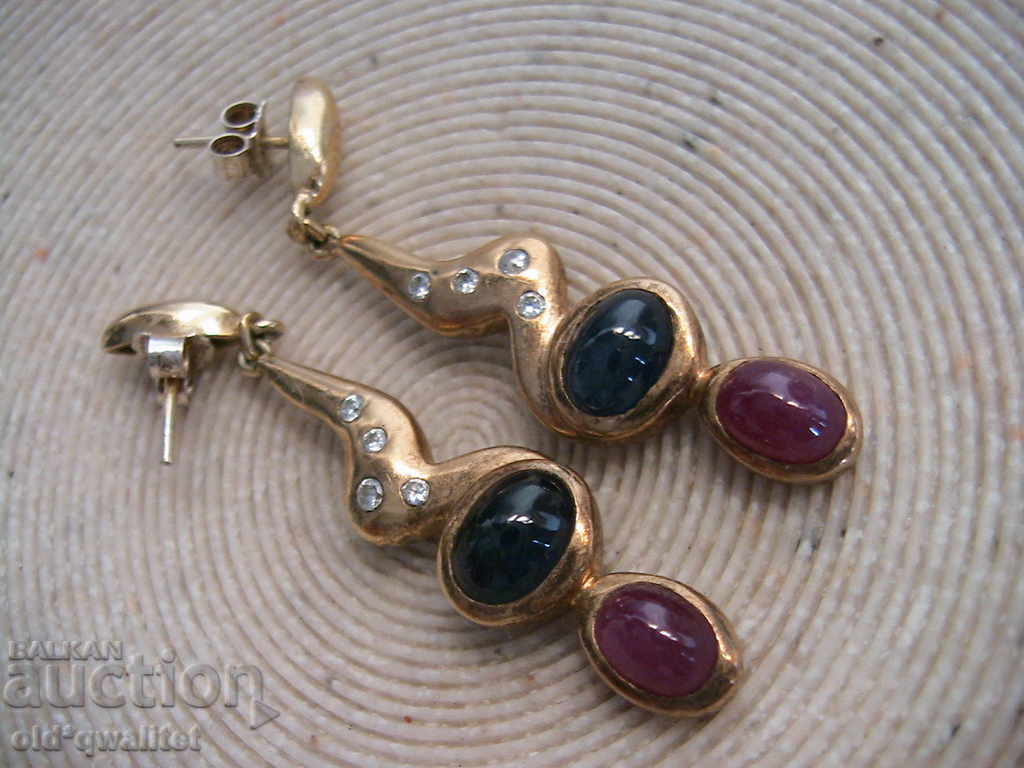 Πολυτελή ασημένια σκουλαρίκια με χρυσό, Ruby Sapphire, Ασημί 925