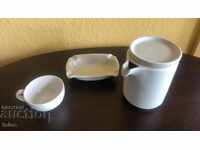 White porcelain set for coffee and ashtray, with markings