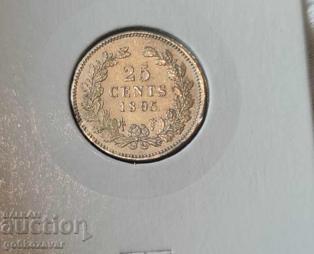 Auction Netherlands 25 cents 1895 Silver! A little solder on the band! Auction Netherlands 25 cents 1895 Silver! A little solder on the band!