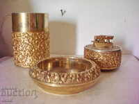 Old brass set of 3 pieces - snuffbox, lighter and pepe