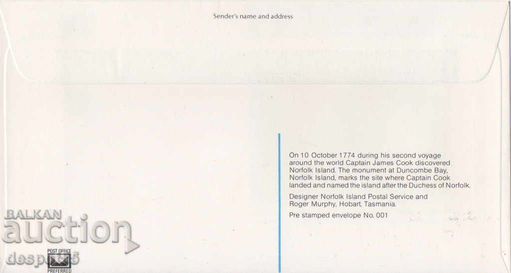 1981. Norfolk. Monument to James Cook. Envelope. with price 1.00 BGN | € 0.51 1981. Norfolk. Monument to James Cook. Envelope. with price 1.00 BGN | € 0.51