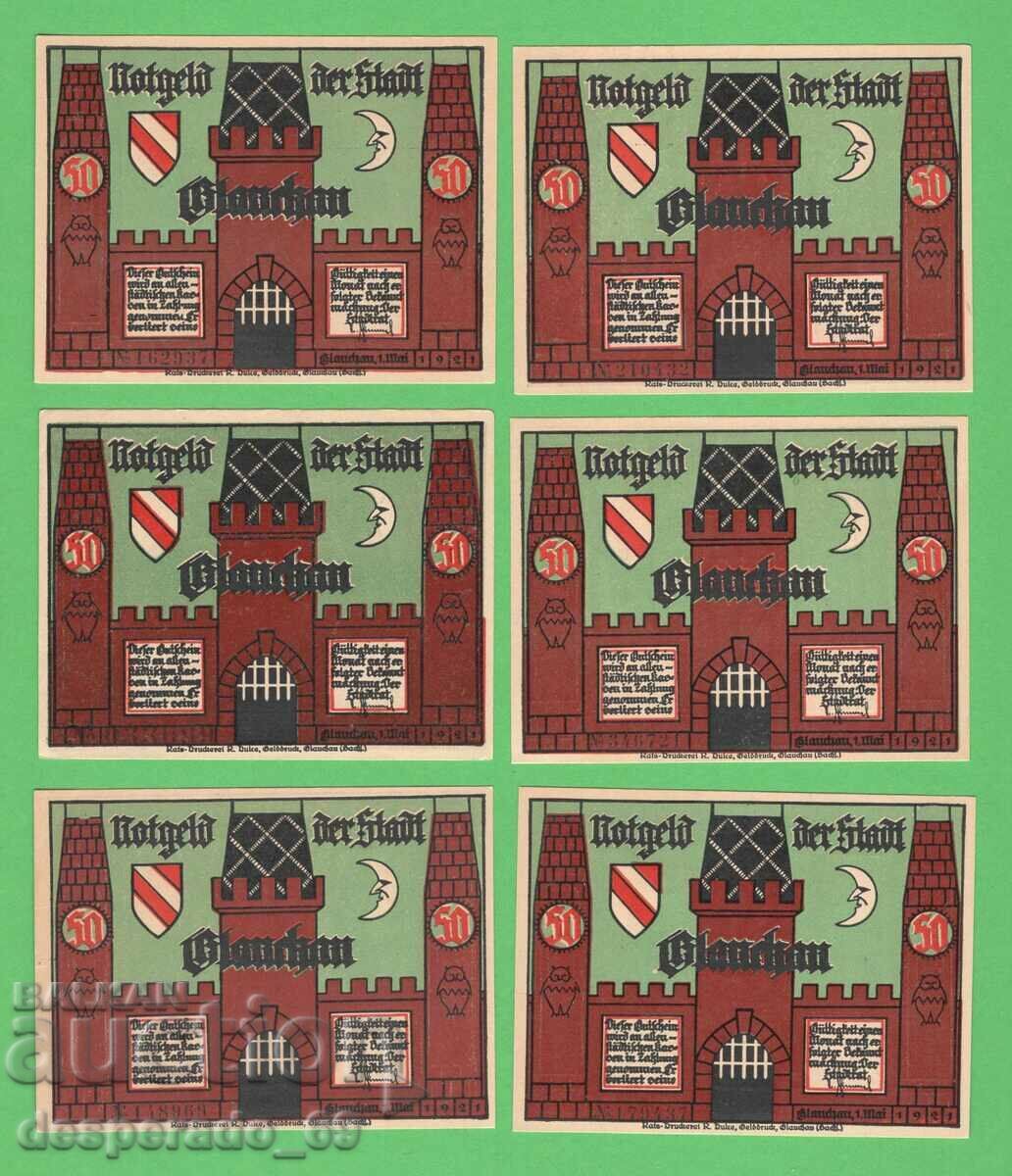 (¯`'•.¸NOTGELD (гр. Glauchau) 1921 UNC -6 бр.банкноти¸.•'´¯) с цена € 8.40 | 16.43 лв.