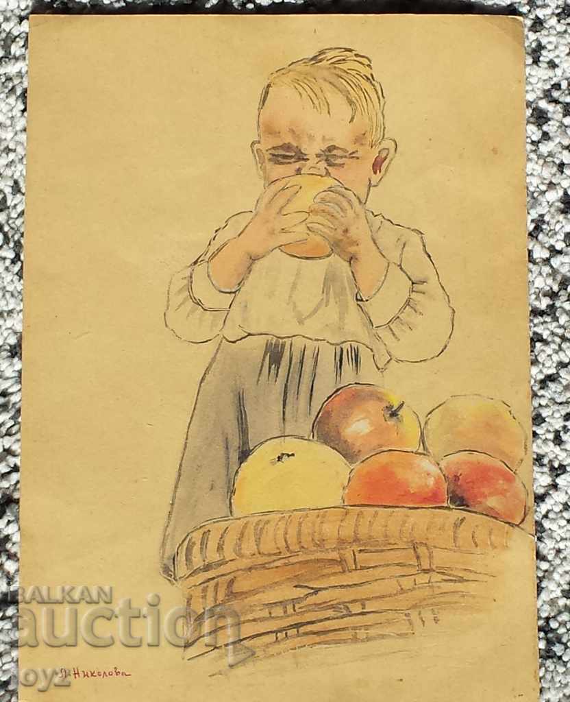 OLD PICTURE CHILD WITH APPLES 40s watercolor / LILYANA NIKOLOVA