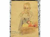 OLD PICTURE CHILD WITH APPLES 40s watercolor / LILYANA NIKOLOVA