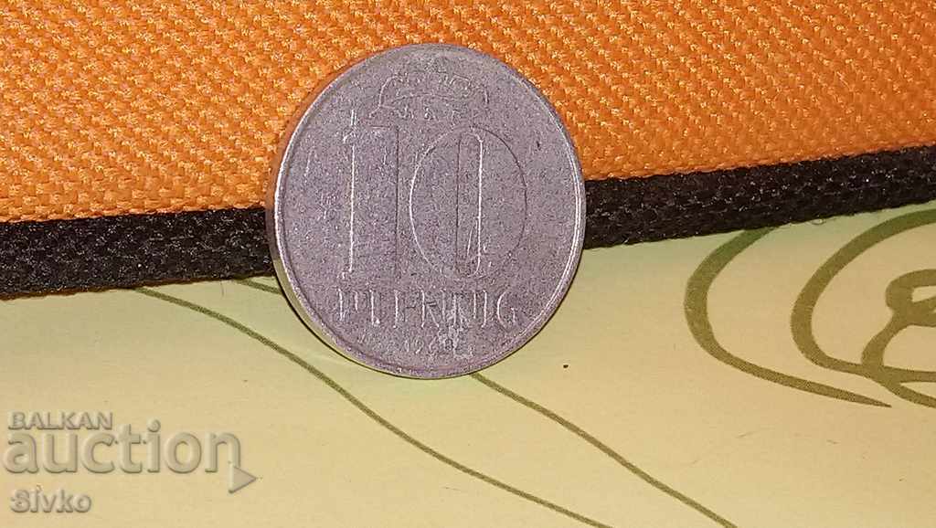 Монета ГДР 10 пфенинга 1968