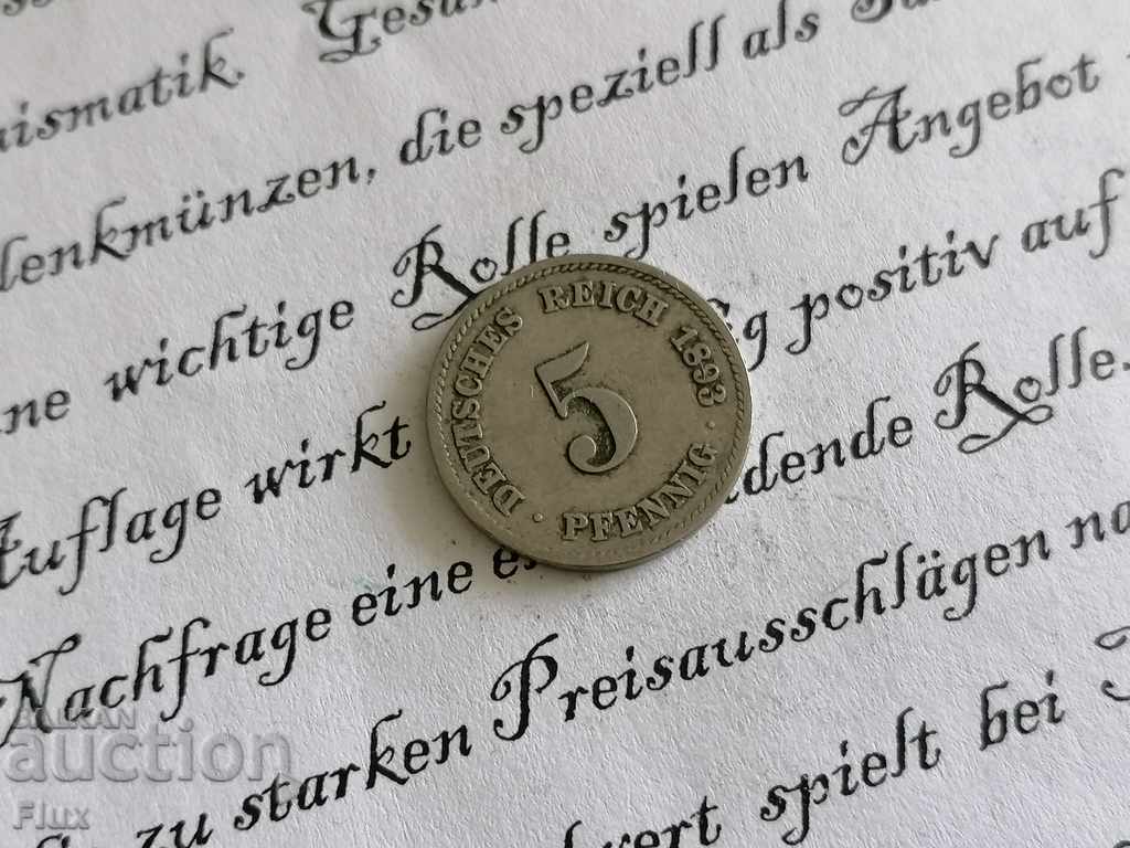 Moneda Reich - Germania - 5 pfennigs 1893; Seria J