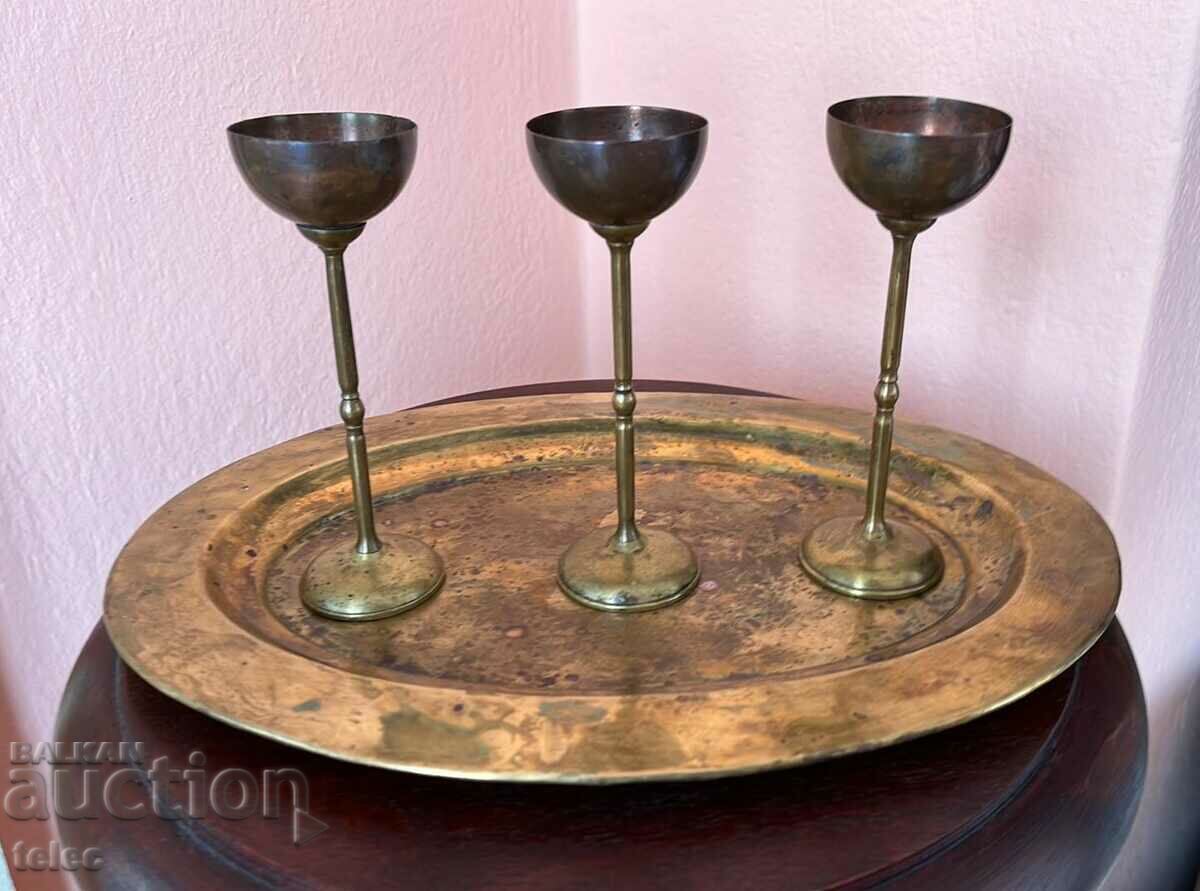3 copper liquor cups and a plate