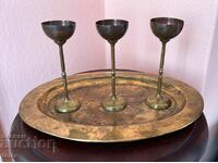 3 copper liquor cups and a plate