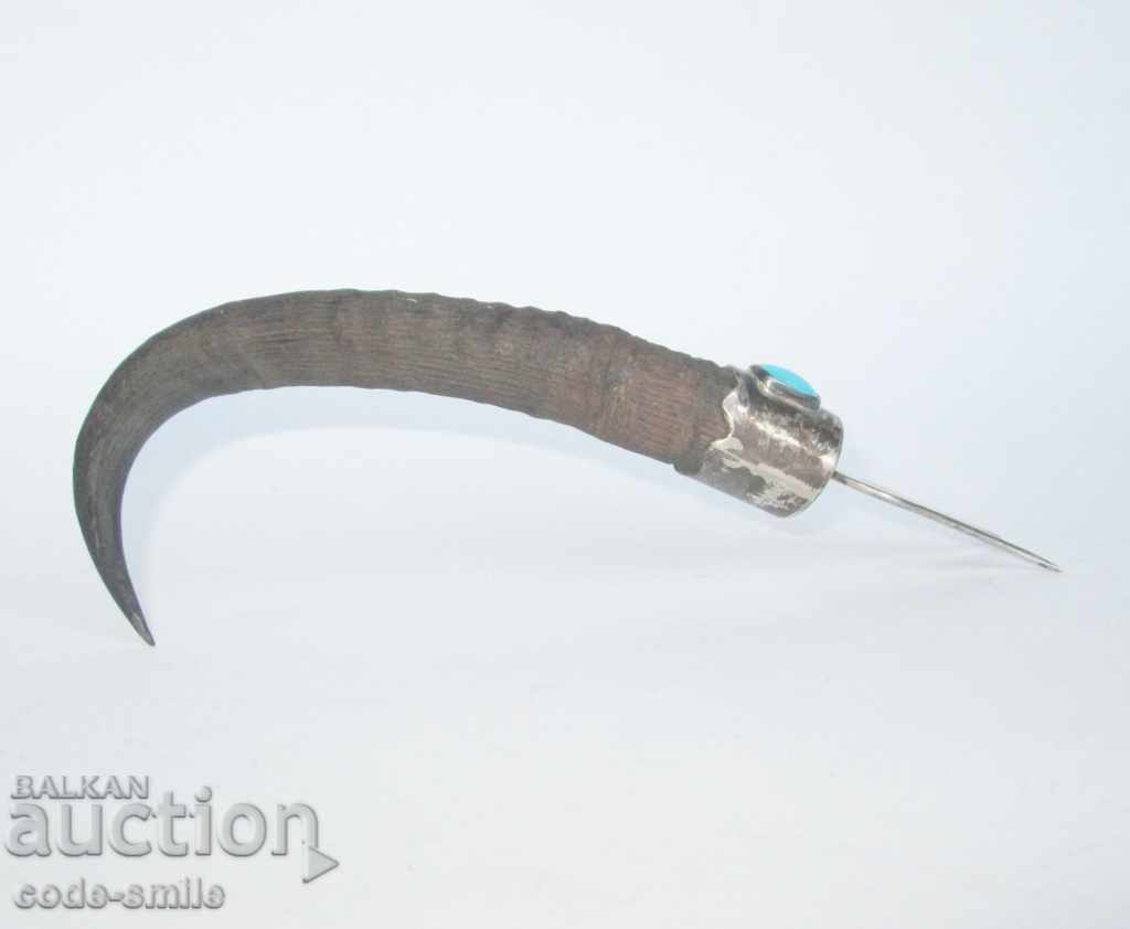 Unique old hunting silver fork silver stone horn