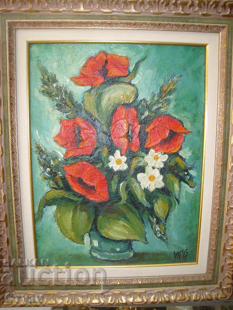 Old painting by I.Vasilev, "Vase with tulips", oil, 41x31 cm