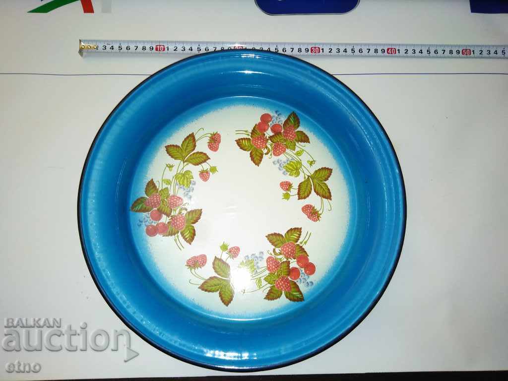 OLD LARGE ENAMELED DISH-DISH WITH DECORATION AND HANGER