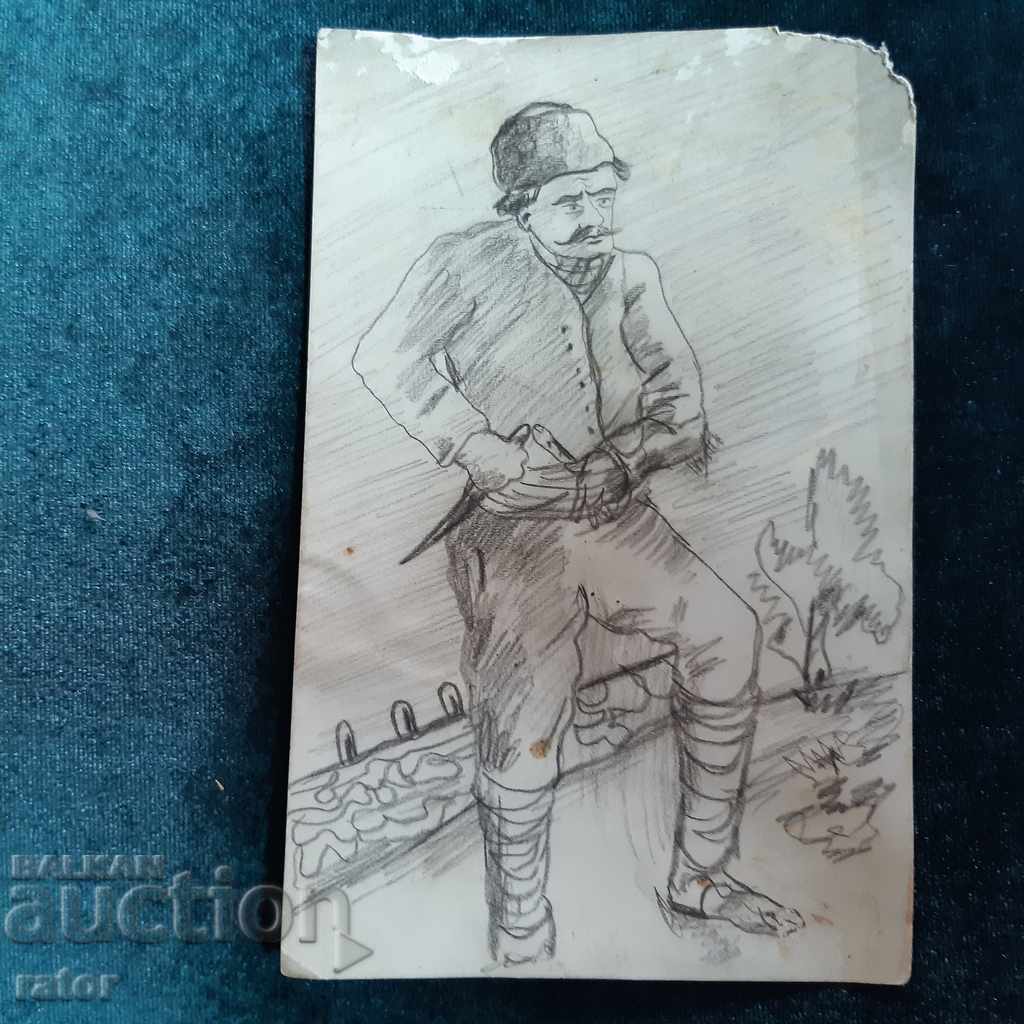Old hand-painted card - hero, bandit