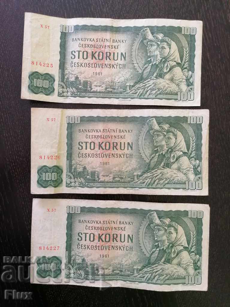Lot 3 banknotes (consecutive) - Czechoslovakia - 100 kroons 1961