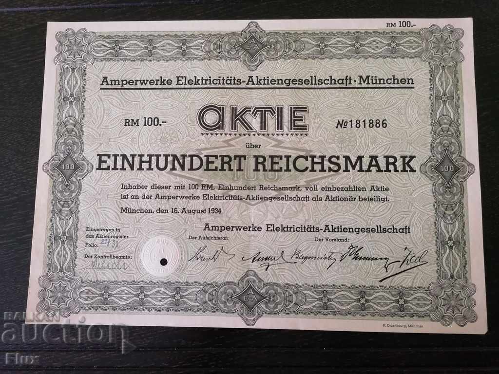 Акция | 100 райх марки | Amperwerke Elektricitäts| 1934г.