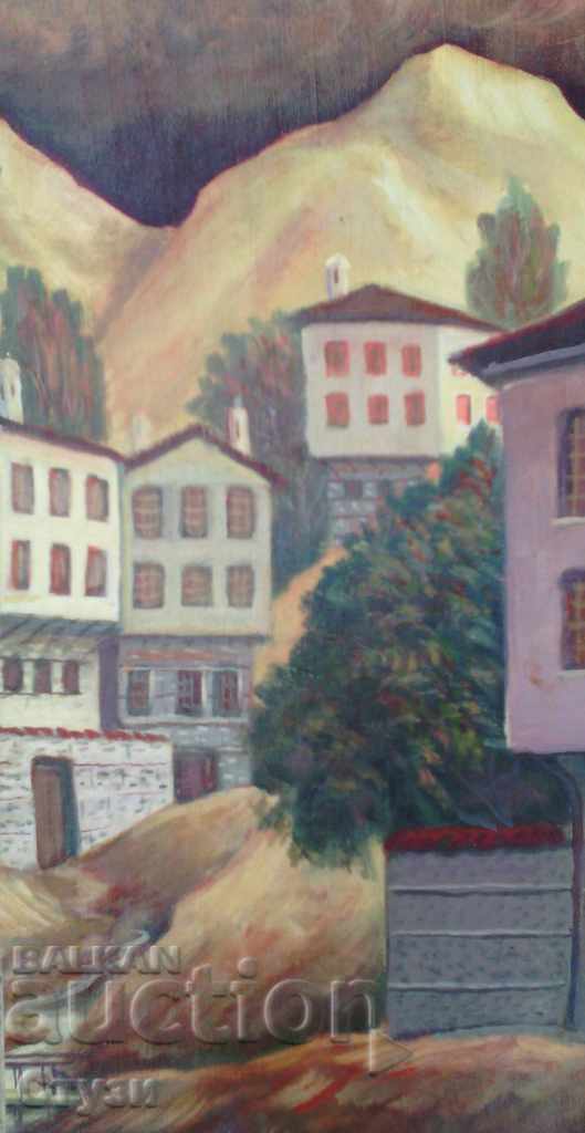 Painting by Kl. Zaharieva "City landscape", oil, 40.5 x 20.5 cm
