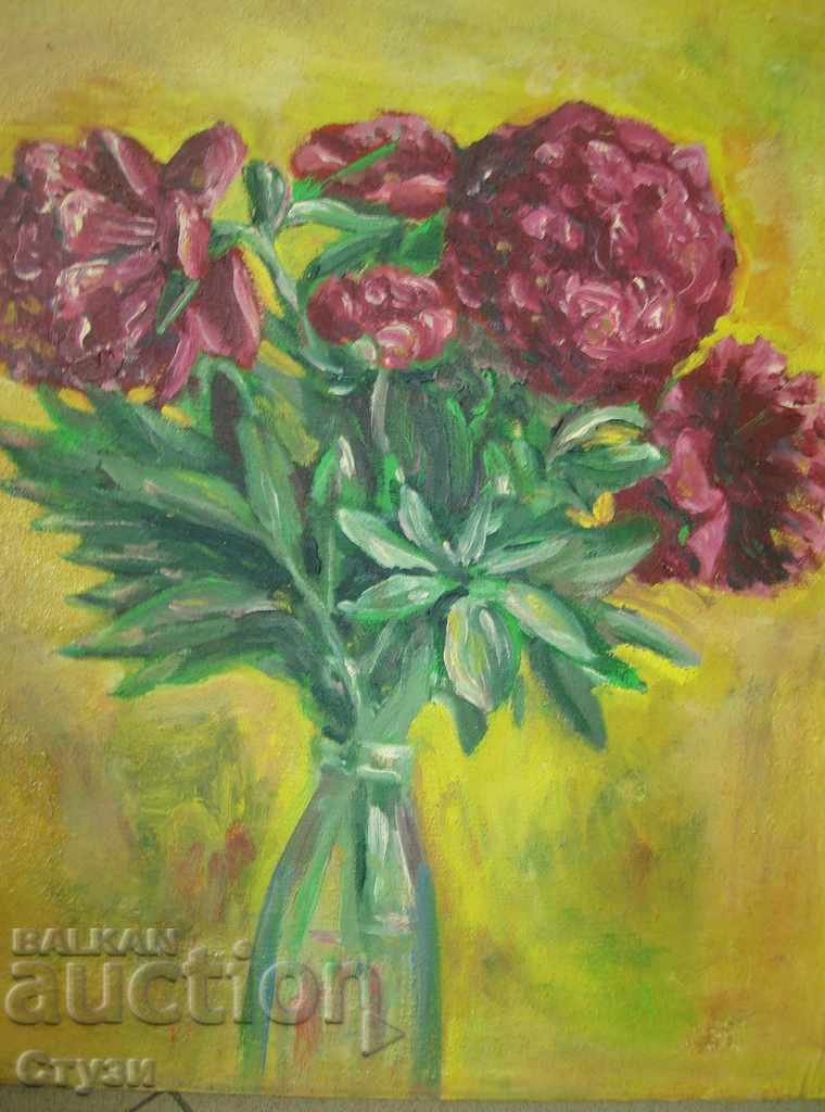 Tablou vechi, "Bujori", ulei, 55x46 cm - Lichidare de stoc Tablou vechi, "Bujori", ulei, 55x46 cm - Lichidare de stoc