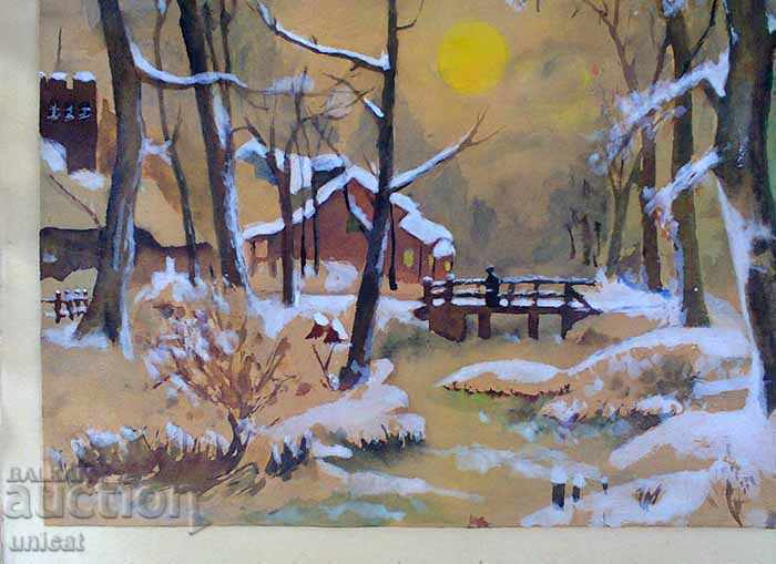 Auction Winter landscape, watercolor, old picture Auction Winter landscape, watercolor, old picture