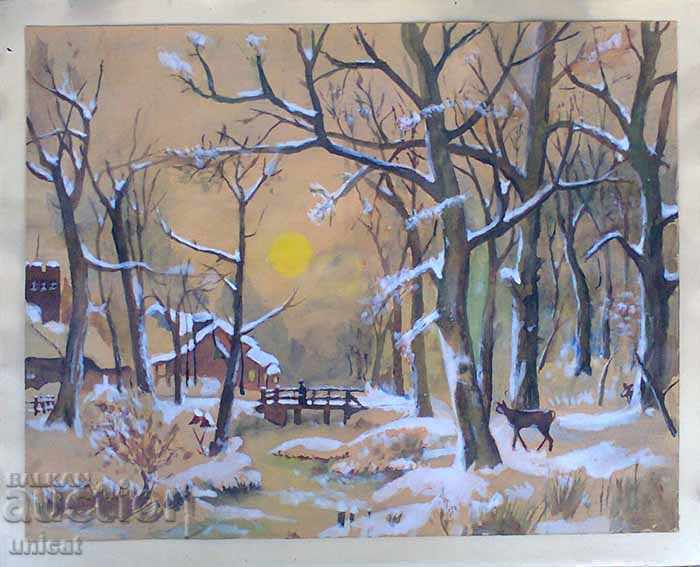 Winter landscape, watercolor, old picture