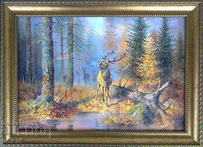 Autumn landscape with red deer and hinds, painting
