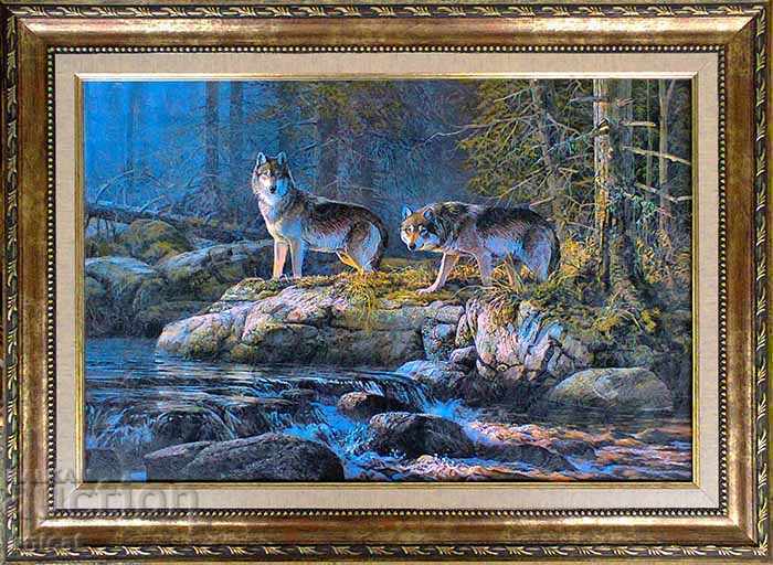 Landscape with wolves by the river, painting