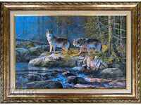 Landscape with wolves by the river, painting