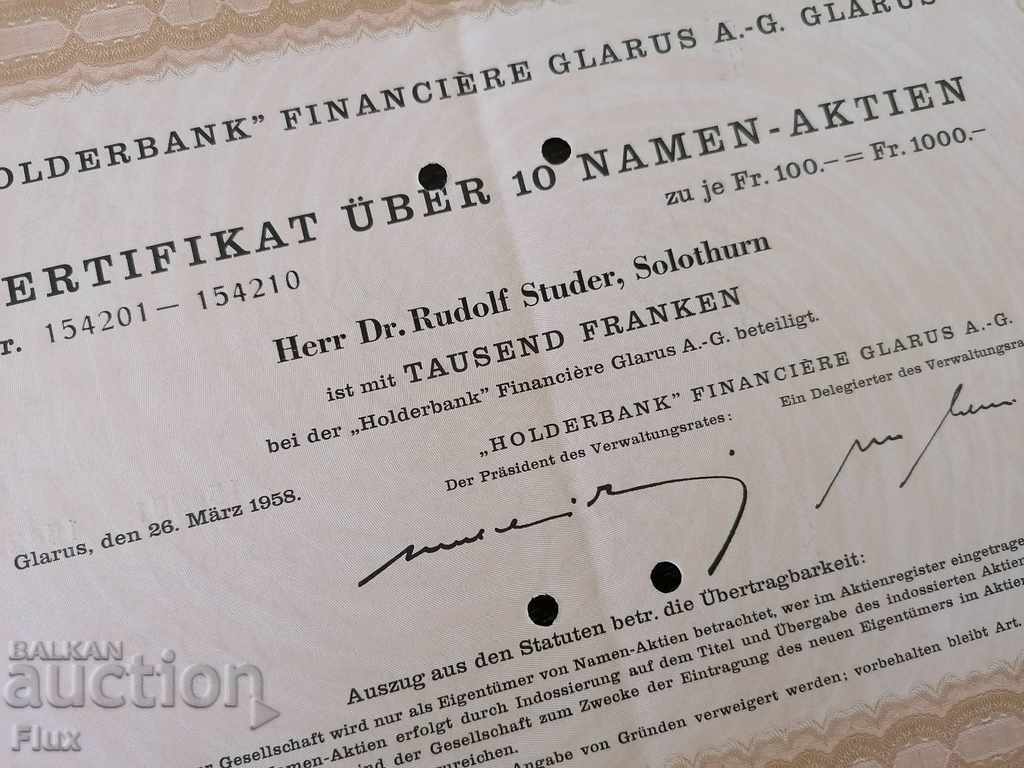 Auction  Certificate for 10 shares Holderbank - Financiere | 1958