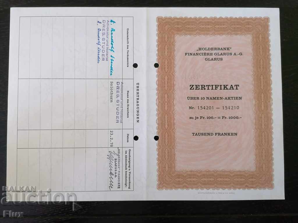 Delivery of Certificate for 10 shares Holderbank - Financiere | 1958
