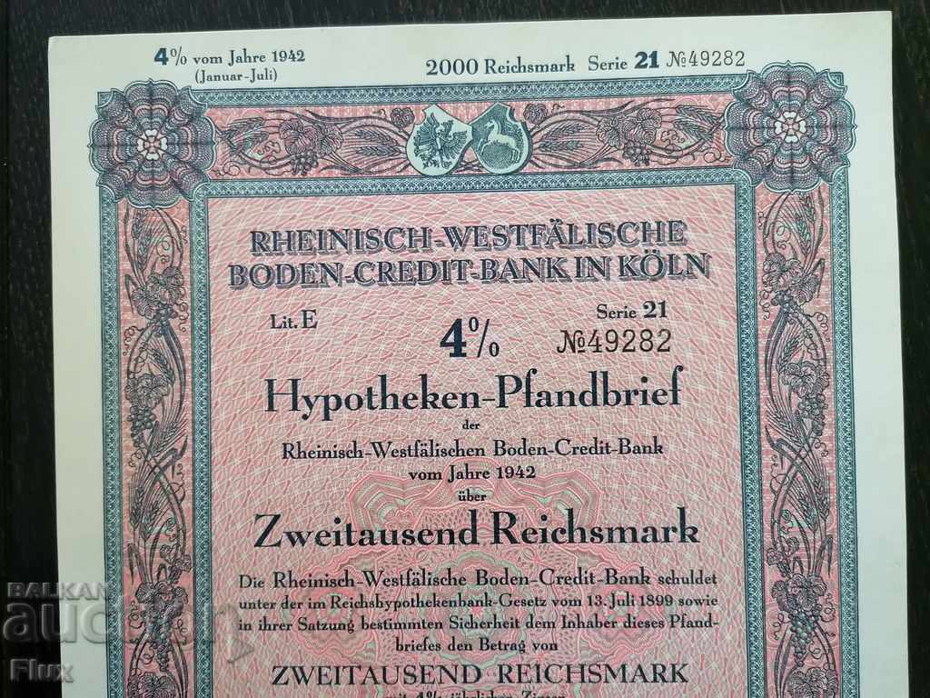 Reich bond 2000 marks Rhine-Westphalia Bank 1942 with price 20.00 BGN | € 10.23 Reich bond 2000 marks Rhine-Westphalia Bank 1942 with price 20.00 BGN | € 10.23