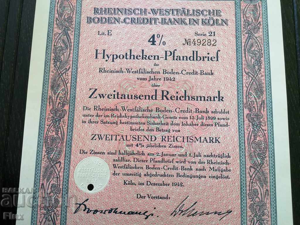 Auction Reich bond 2000 marks Rhine-Westphalia Bank 1942 Auction Reich bond 2000 marks Rhine-Westphalia Bank 1942