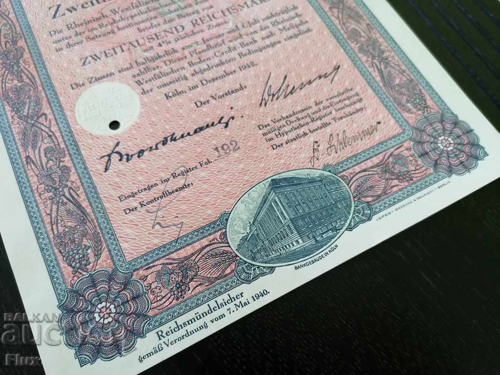 Reich bond 2000 marks Rhine-Westphalia Bank 1942 - 5 Reich bond 2000 marks Rhine-Westphalia Bank 1942 - 5