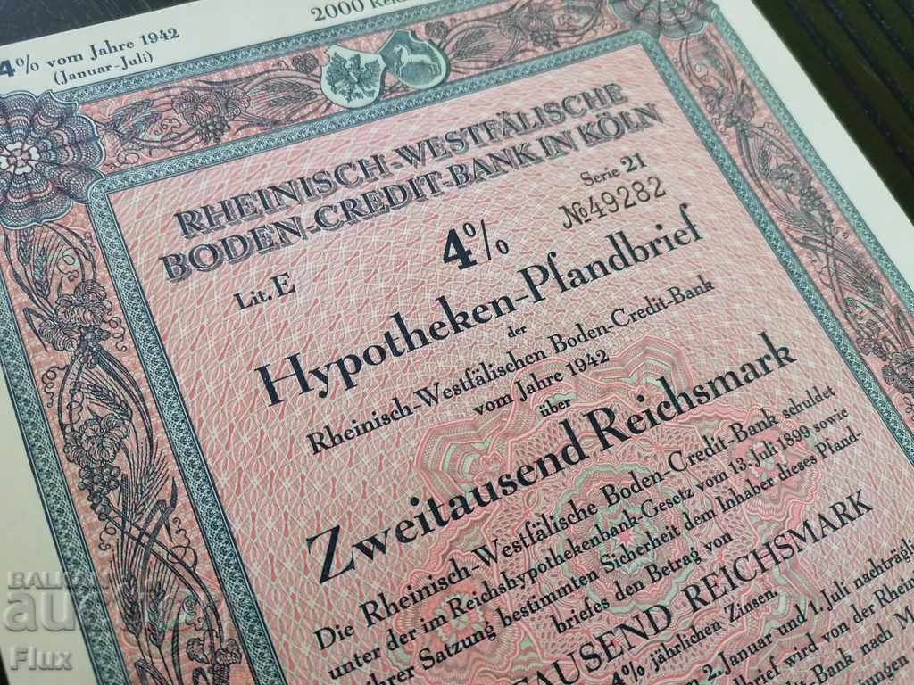 Reich bond 2000 marks Rhine-Westphalia Bank 1942 - 6 Reich bond 2000 marks Rhine-Westphalia Bank 1942 - 6