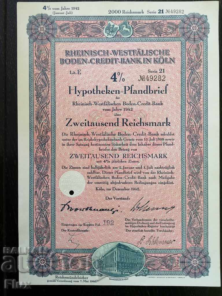 Reich obligațiuni 2000 mărci Rin-Westfalia Bank 1942