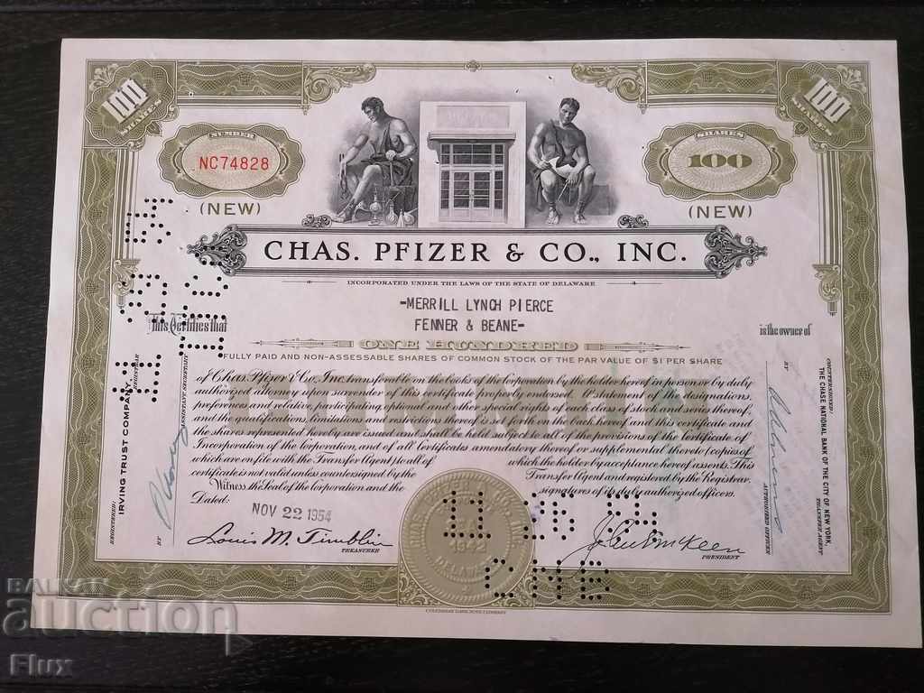 Сертификат за акции | Chas. Pfizer & Co. Inc. | 1954г.