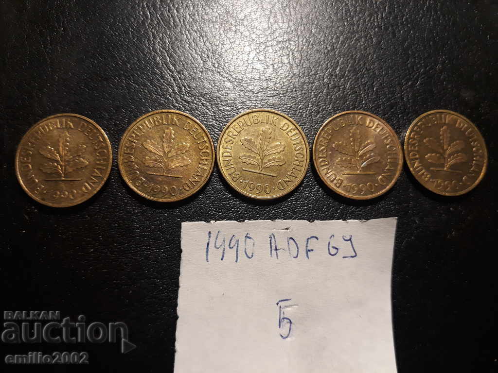 5 Pfennig BDR ADFGJ 1990 με τιμή € 1.02 | 1.99 BGN 5 Pfennig BDR ADFGJ 1990 με τιμή € 1.02 | 1.99 BGN