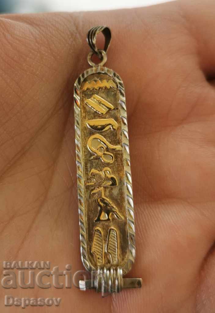 Pandantiv egiptean de argint cu hieroglife cu elemente de aur