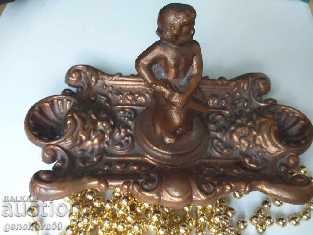 Auction Baroque Inkwell Brass, Copper with a Boy Figure Auction Baroque Inkwell Brass, Copper with a Boy Figure