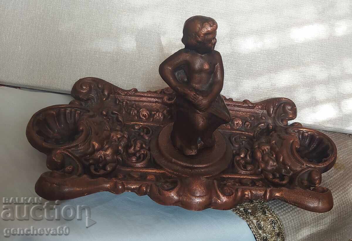 Baroque Inkwell Brass, Copper with a Boy Figure Baroque Inkwell Brass, Copper with a Boy Figure