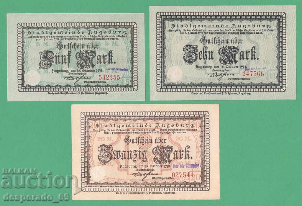 (¯`'•.¸ГЕРМАНИЯ (Augsburg) 5+10+20 марки 1918  aUNC¸.•'´¯)