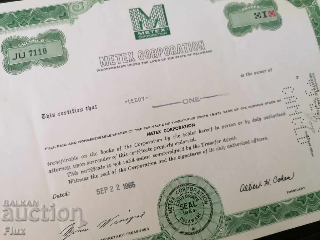 Share certificate Metex Corporation | 1966 with price 10.00 BGN | € 5.11 Share certificate Metex Corporation | 1966 with price 10.00 BGN | € 5.11