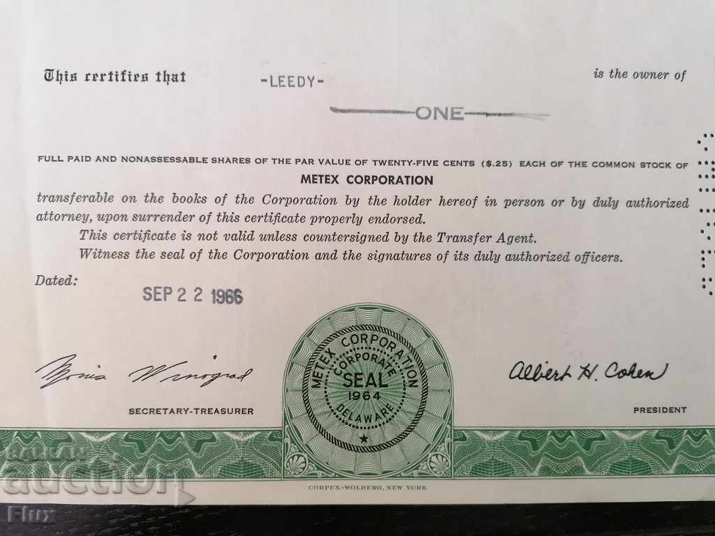 Auction Share certificate Metex Corporation | 1966 Auction Share certificate Metex Corporation | 1966