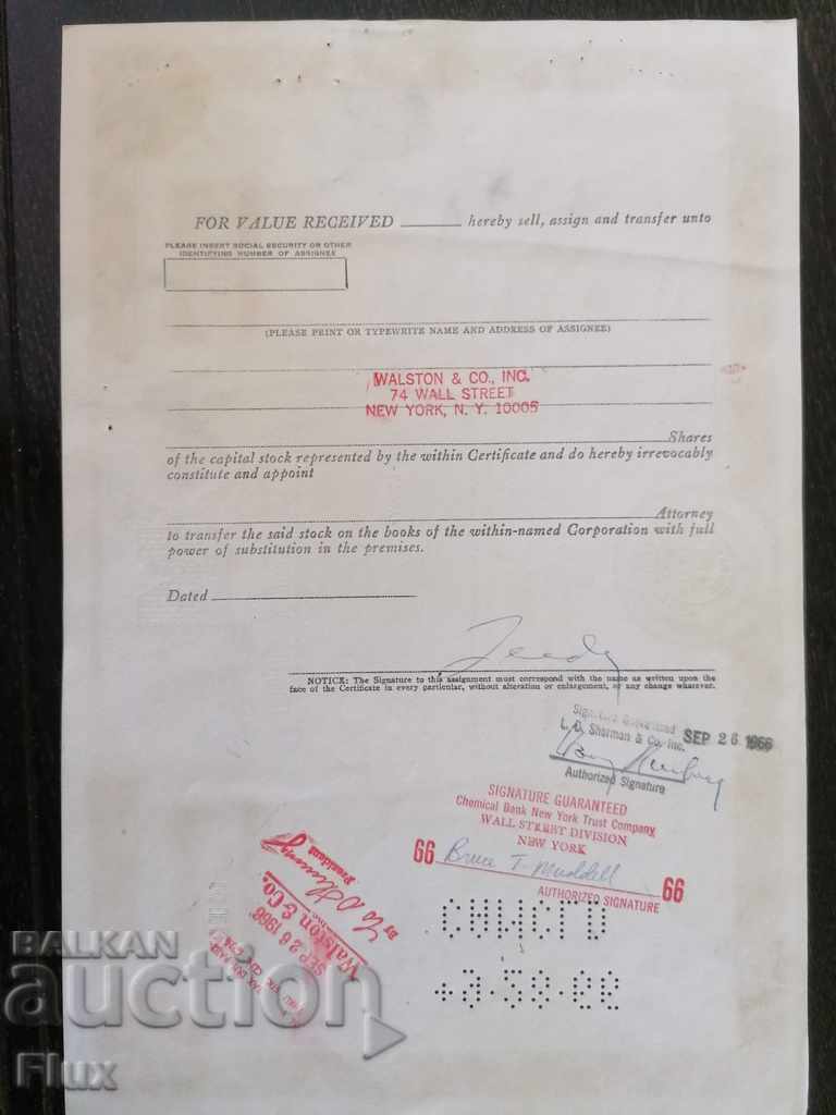 Delivery of Share certificate Metex Corporation | 1966 Delivery of Share certificate Metex Corporation | 1966