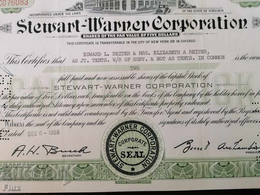 Auction Share certificate Stewart-Warner Corporation 1958 Auction Share certificate Stewart-Warner Corporation 1958