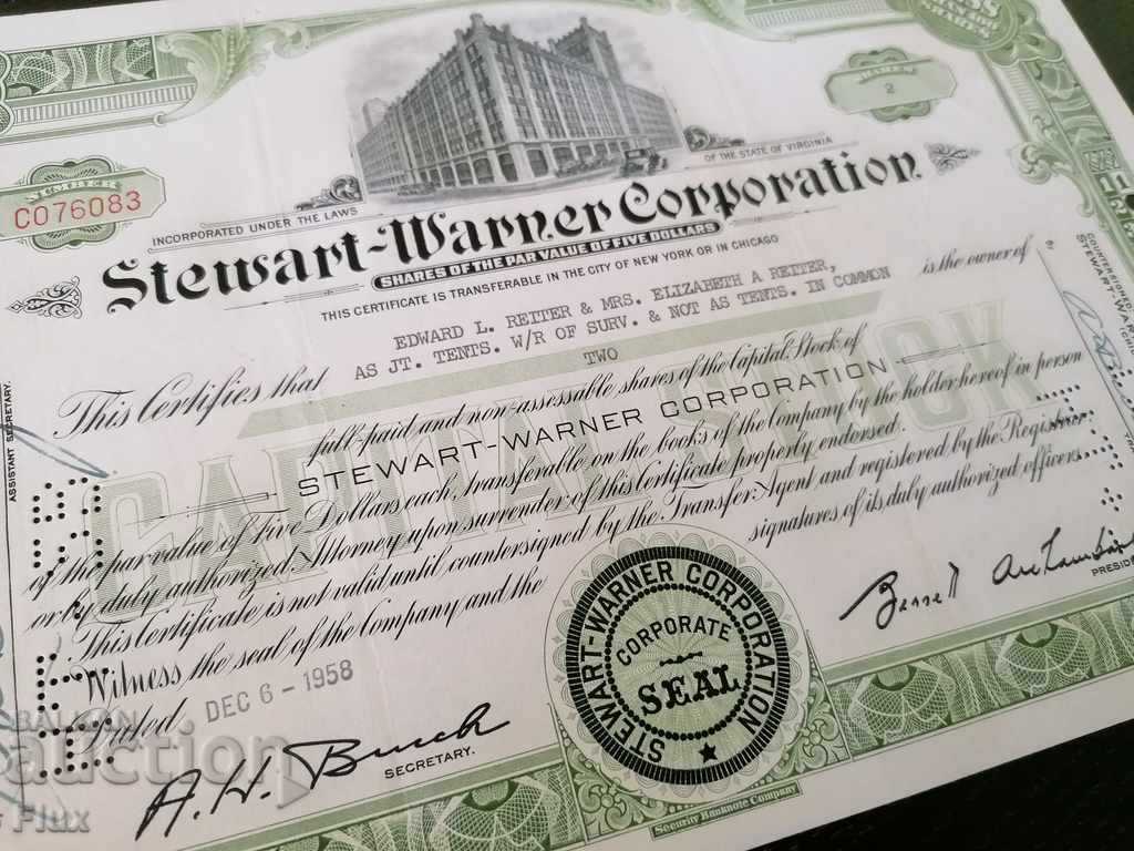 Delivery of Share certificate Stewart-Warner Corporation 1958 Delivery of Share certificate Stewart-Warner Corporation 1958