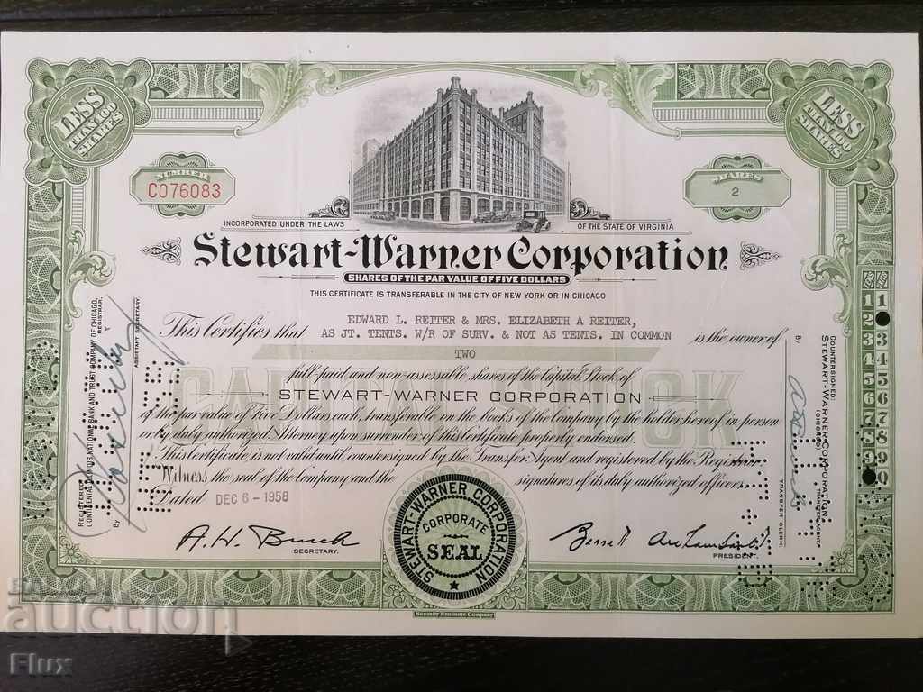 Certificat de partajare Stewart-Warner Corporation 1958