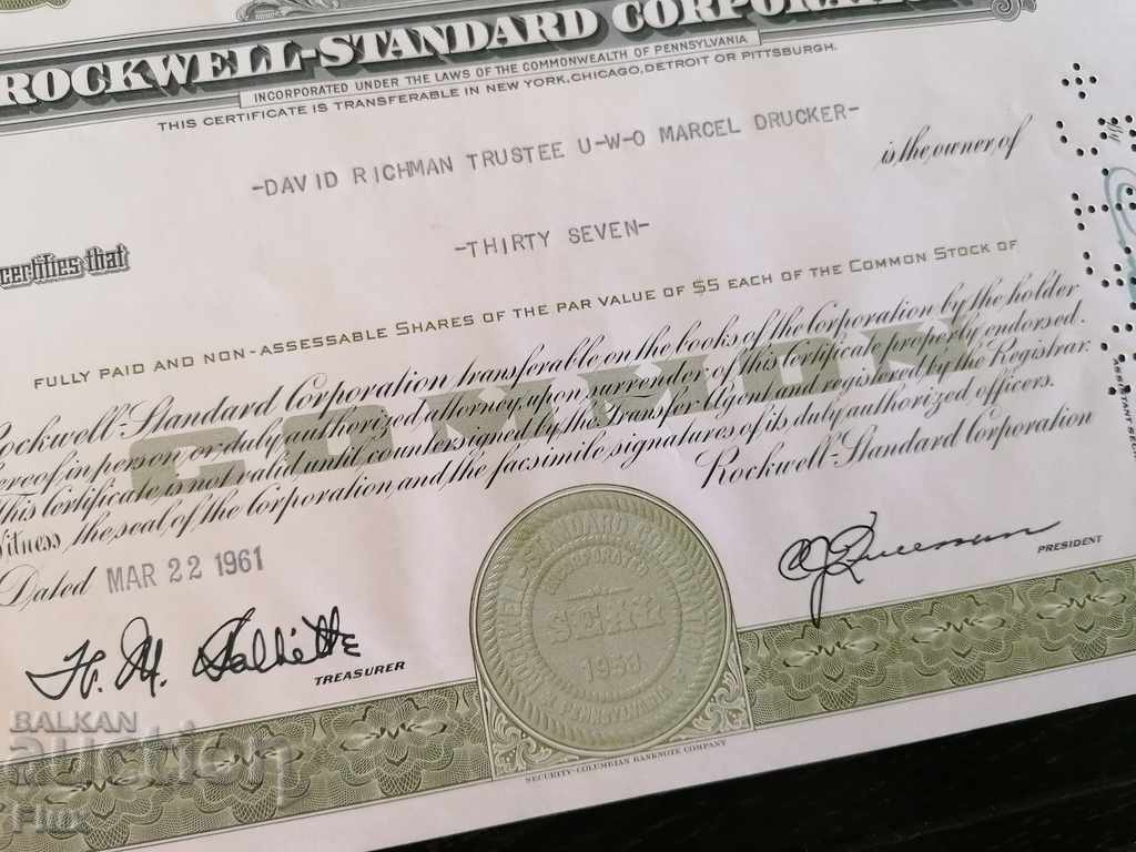 Auction Share certificate Rockwell-Standard Corporation | 1961 Auction Share certificate Rockwell-Standard Corporation | 1961