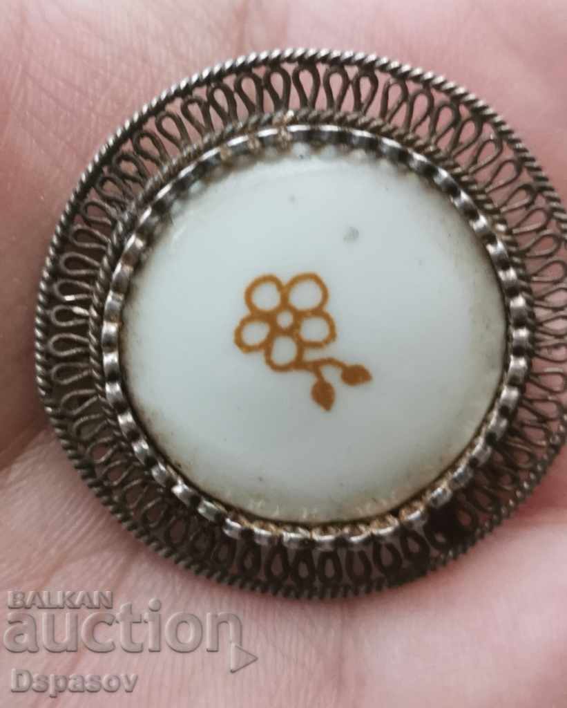Antique Silver Brooch with Filigree and Porcelain Finift