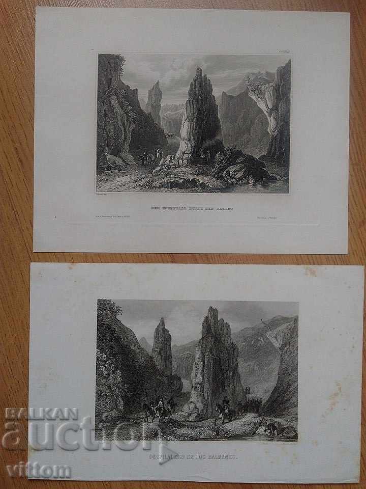 2 gravură veche pasajul principal din secolul al XIX-lea prin Balcani