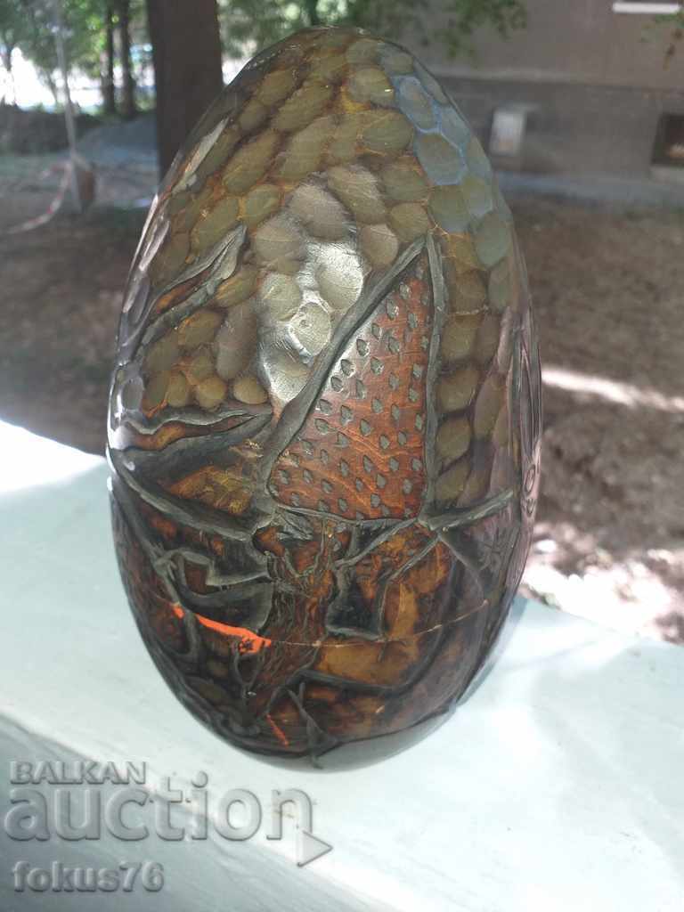 HUGE OLD WOODEN EASTER EGG WITH CARVING AND ENGRAVING